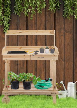 36" Wooden Potting Bench Work Table with 2 Removable Wheels, Garden Workstation with Removable Sink, Drawer & Large Storage Spaces, Natural