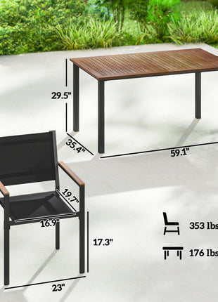 Outdoor Dining Set for 4, Patio Table and Chairs Set with 59" Rectangle Acacia Wood Table and 352 LBS Stackable Chairs