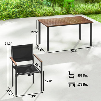 Outdoor Dining Set for 4, Patio Table and Chairs Set with 59" Rectangle Acacia Wood Table and 352 LBS Stackable Chairs