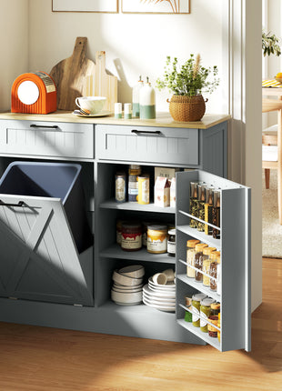 10 Gallon Farmhouse Kitchen Cabinet with Hidden Trash Can and 2 Drawers, Tilt Out Trash Can Cabinet for Kitchen, Gray