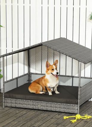 Outdoor Dog Bed with Canopy, Rattan Dog Bed with Soft Cushion Removable Cover for Medium and Large Dogs, Charcoal Gray