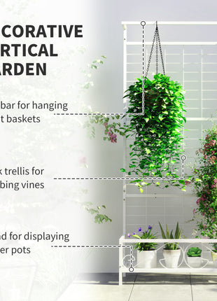 Metal Tall Plant Stand with Trellis and Hanging Bar, Plant Holder for Indoor Outdoor Use, 35" x 12.8" x 74", White