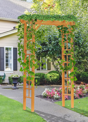 7' Wood Steel Outdoor Garden Arched Trellis Arbor with Natural Fir Wood & Side Panel for Climbing Vines, Orange