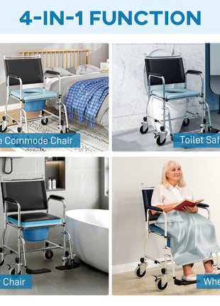 Rolling Shower Chair, Bedside Commode Wheelchair with Padded Seat, Backrest, for Seniors, Disabled, 300 lbs, Black