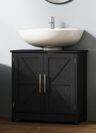 Farmhouse Pedestal Sink Storage Cabinet, Bathroom Sink Cabinet with 2 Barn Doors and Adjustable Shelf, Distressed Black
