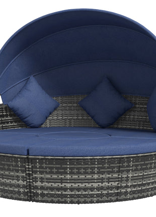 4-piece Cushioned Outdoor Rattan Wicker Sunbed or Conversational Sofa Set with Sun Canopy, Dark Blue