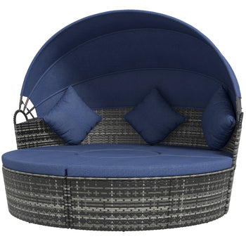 4-piece Cushioned Outdoor Rattan Wicker Sunbed or Conversational Sofa Set with Sun Canopy, Dark Blue