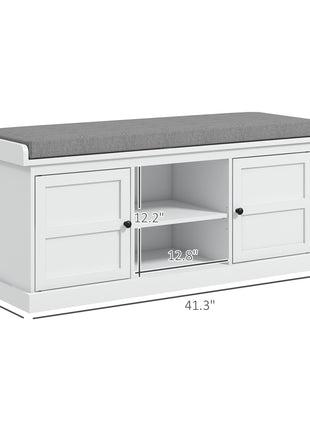 Shoe Storage Bench with Cushioned Seat, Entryway Bench Seat with 2 Cabinets and Adjustable Shelf for Hallway, White