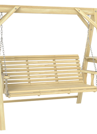 3 Seat Wooden Porch Swing with Stand, Patio Swing with Side Tables, for Garden, Poolside, Backyard, Natural Wood
