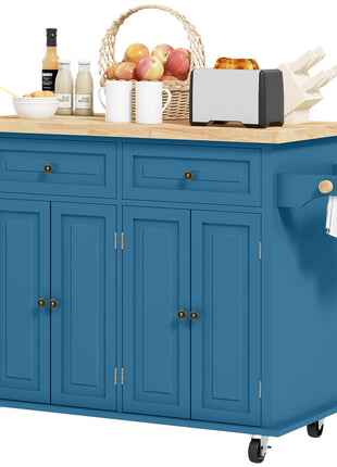 Kitchen Island on Wheels, Rolling Cart with Rubberwood Top, Spice Rack, Towel Rack and Drawers, Turquoise