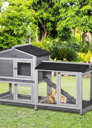 62" Wooden Mobile Rabbit Hutch with Wheels, Run Box, Slide-out Tray, Ramp