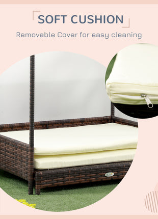 Outdoor Dog Bed, Extendable Wicker Dog Bed with Roof, Soft Cushion for Small and Medium Dogs, Mixed-Brown