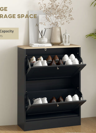 Slim Shoe Storage Cabinet, Modern Shoe Cabinet with 2 Flip Drawers and Adjustable Shelves for 8-12 Pairs, Black
