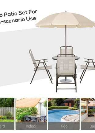 6 Piece Patio Dining Set for 4 with Umbrella, Outdoor Table and Chairs with 4 Folding Dining Chairs & Round Glass Table for Garden, Backyard and Poolside, Beige