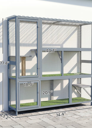 Catio Outdoor Cat Enclosure, 77" H Wooden Cat House with Weatherproof Roof, Platforms and Scratching Post