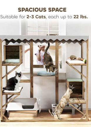 Outdoor Cat Enclosure with Window Access, 5 Platforms and 2 Resting Boxes, Waterproof Roof for Multiple Cats, Brown