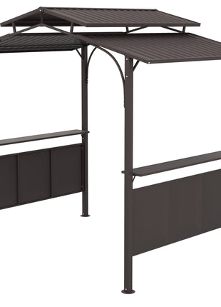 8'x5' BBQ Grill Gazebo, Outdoor Double Tiered Interlaced Polycarbonate Roof with Steel Frame, 2 Side Shelves, Brown