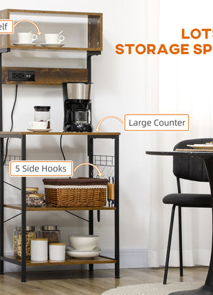 Kitchen Bakers Rack with Power Outlet, USB Charger, Microwave Stand, Coffee Bar with Adjustable Shelves, 5 Hooks for Spices, Pots and Pans, Rustic Brown