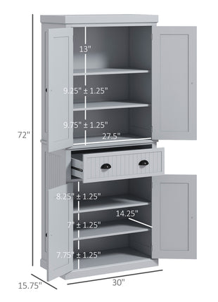 72" Traditional Kitchen Pantry Cabinet, Freestanding Tall Storage Cabinet with 4 Doors, Drawer and 3 Adjustable Shelves for Dining Room, Gray