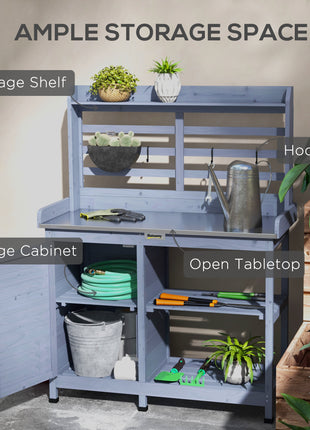 Wooden Potting Bench with Storage, Aluminum Tabletop for Backyard, Patio, Balcony, Gray