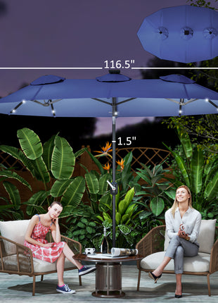Double-sided Patio Umbrella, 9.7' Outdoor Umbrella with Tilt and Crank, LED Solar Light and 12 Ribs, Navy Blue