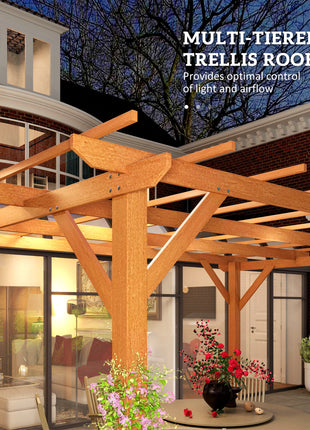 10' x 13' Wood Pergola, Outdoor Gazebo Grape Trellis with Stable Structure for Climbing Plant Support, Dark Brown