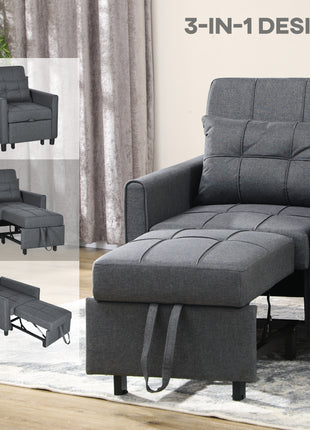 3-in-1 Convertible Chair Bed, Multi-Functional Single Sofa Bed, Pull Out Sleeper Chair with Adjustable Backrest, Pillow, and Pockets, Gray
