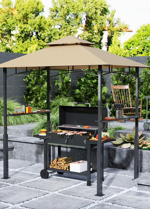 8' x 5' Outdoor Grill Gazebo, Barbecue Gazebo Shelter with LED Light, 2 Side Shelves, Hooks, Bottle Opener, Dark Brown