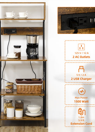 Kitchen Bakers Rack with Power Outlet, USB Charger, Microwave Stand, Coffee Bar with Adjustable Shelves, 5 Hooks for Spices, Pots and Pans, Rustic Brown