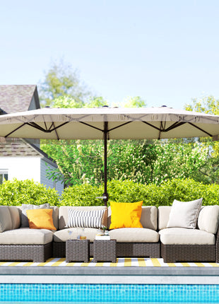15ft Rectangle Patio Umbrella UPF30+ Extra Large Outdoor Umbrella with Fringe and Crank Handle, Cream White