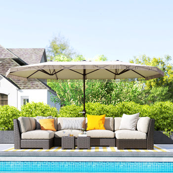 15ft Rectangle Patio Umbrella UPF30+ Extra Large Outdoor Umbrella with Fringe and Crank Handle, Cream White