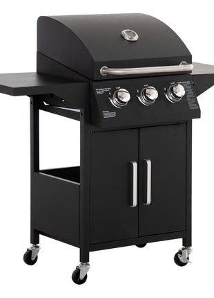 Outdoor 3 Burner Gas Grill Portable Barbecue w/ Wheels, Warming Rack, Shelves, Cabinet, Thermometer, Black