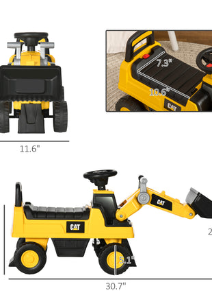 Caterpillar CAT Licensed Kids Ride on Excavator No Power Construction Vehicles with Manual Shovel, Horn, Hidden Storage