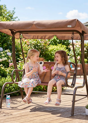 Kids Patio Swing, 2-Seater Outdoor Swing Chair with Adjustable Canopy and Safety Belt, Monkey Pattern Hanging Swing Bench for Garden or Backyard, Coffee