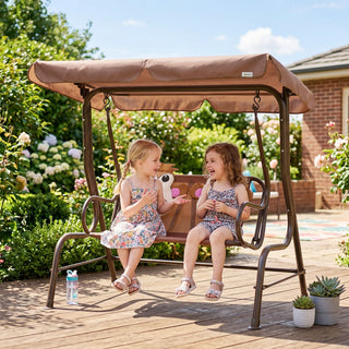 Kids Patio Swing, 2-Seater Outdoor Swing Chair with Adjustable Canopy and Safety Belt, Monkey Pattern Hanging Swing Bench for Garden or Backyard, Coffee