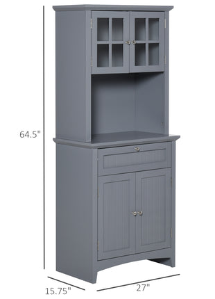 Elegant Buffet with Hutch, Kitchen Pantry Storage Cabinet with Framed Glass Door Drawer and Microwave Space, Gray