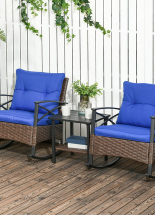 3 Piece Patio Rocking Chair Set, Outdoor Wicker Bistro Set with 2 Oversize Cushioned Porch Rockers and 2 Tier Coffee Table for Garden, Backyard, Blue