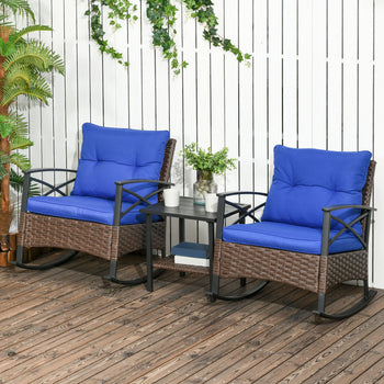 3 Piece Patio Rocking Chair Set, Outdoor Wicker Bistro Set with 2 Oversize Cushioned Porch Rockers and 2 Tier Coffee Table for Garden, Backyard, Blue