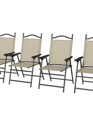 4 Piece Folding Patio Camping Chair Set, Sports Chairs for Adults with Armrests, Mesh Fabric Seat for Lawn, Beige