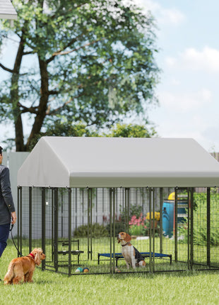 Outdoor Dog Kennel with Roof, 8' x 8' x 6' Heavy Duty Welded Wire Dog Playpen Enclosure with Escape-proof Lock