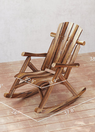 Outdoor Wooden Rocking Chair, Single-Person Adirondack Rocking Patio Chair with Rustic High Back, Slatted Seat and Backrest for Indoor, Backyard, Garden, Carbonized