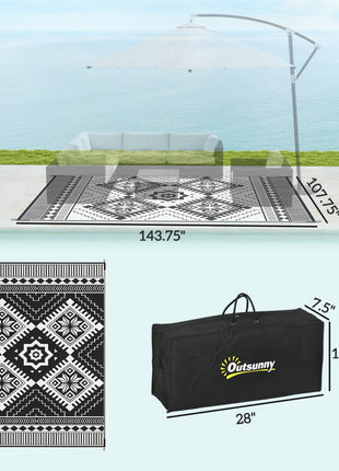 Reversible Outdoor Rug, Waterproof Plastic Straw with Carry Bag, 9' x 12', White & Black Toothed Rhombus