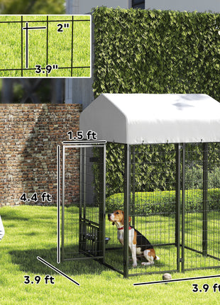 Welded Wire Outdoor Dog Kennel with 360° Rotating & 4 Levels Adjustable Bowls, Waterproof Cover, 3.9' x 3.9' x 6'