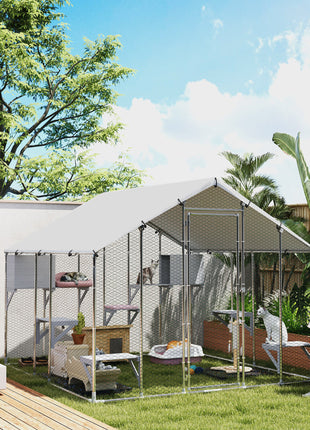 95" Extra Large Metal Outdoor Catio with Waterproof Cover, 2 Resting Boxes, 7 Jumping Platforms, for Multiple Cats