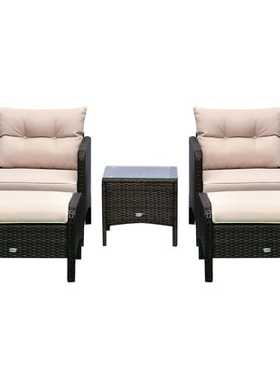 5 Pieces Rattan Wicker Lounge Chair Outdoor Patio Conversation Set with 2 Cushioned Chairs, 2 Ottomans and Tempered Glass Top Coffee Table