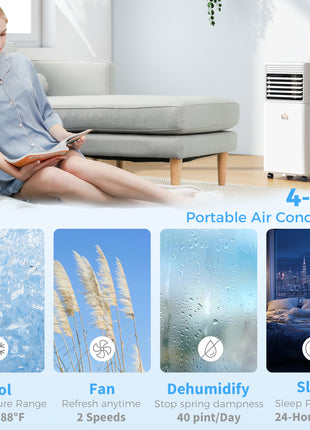 8000 BTU Mobile Air Conditioner for Cooling and Dehumidifying, Remote Control, 24H Timer, LED Display, White