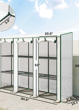 84.6" x 18.1" x 56.7" Lean-to Mini Greenhouse, 3-Tier Shelves, 3 Roll-Up Doors, PE Cover, White