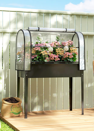 Raised Garden Bed with Flip-Up Greenhouse Cover, Metal Elevated Garden Bed with Legs and Drainage Hole, Black