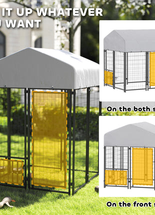 Welded Wire Outdoor Dog Kennel with 360° Rotating & 4 Levels Adjustable Bowls, Waterproof Cover, 3.9' x 3.9' x 4.5'
