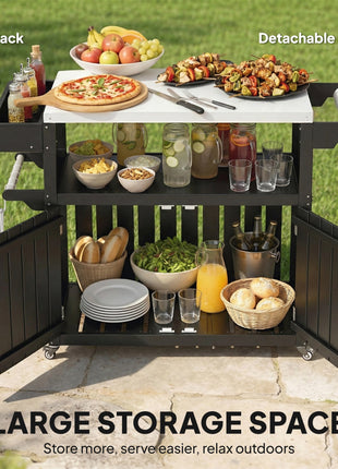 Outdoor Bar Cart with Storage, Stainless Steel Outdoor Bar Table Top, Wheeled HDPE Kitchen Island for Food Prep, Black
